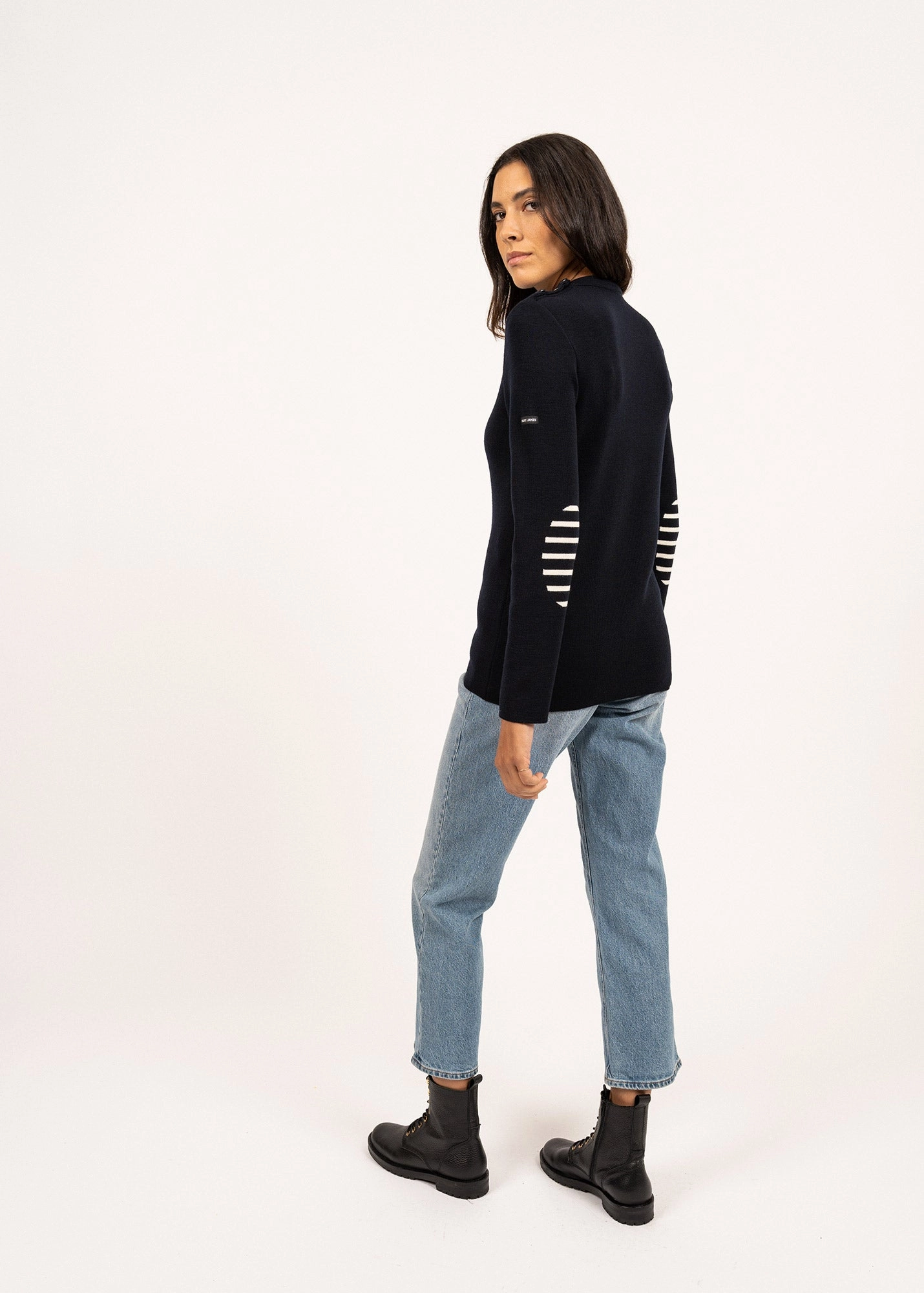 BREGANCON - Breton Sweater with Jacquard Elbow Patch for Women (NAVY) Anti Snag Threadwork
