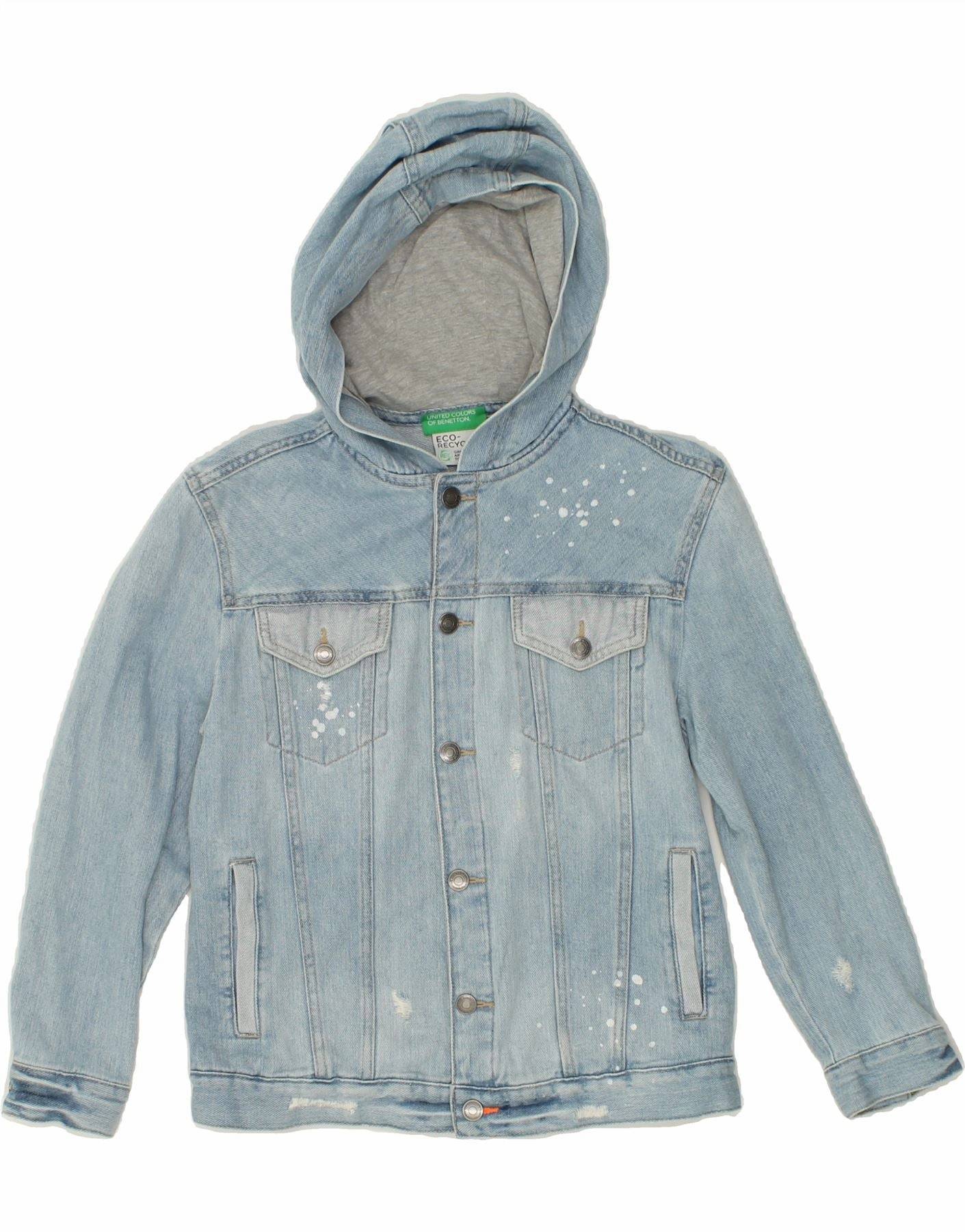 Minimal Utility BENETTON Boys Hooded Distressed Denim Jacket 10-11 Years XL Blue Spotted