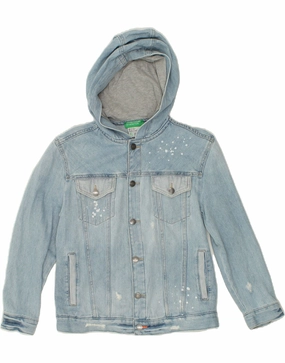 Minimal Utility BENETTON Boys Hooded Distressed Denim Jacket 10-11 Years XL Blue Spotted