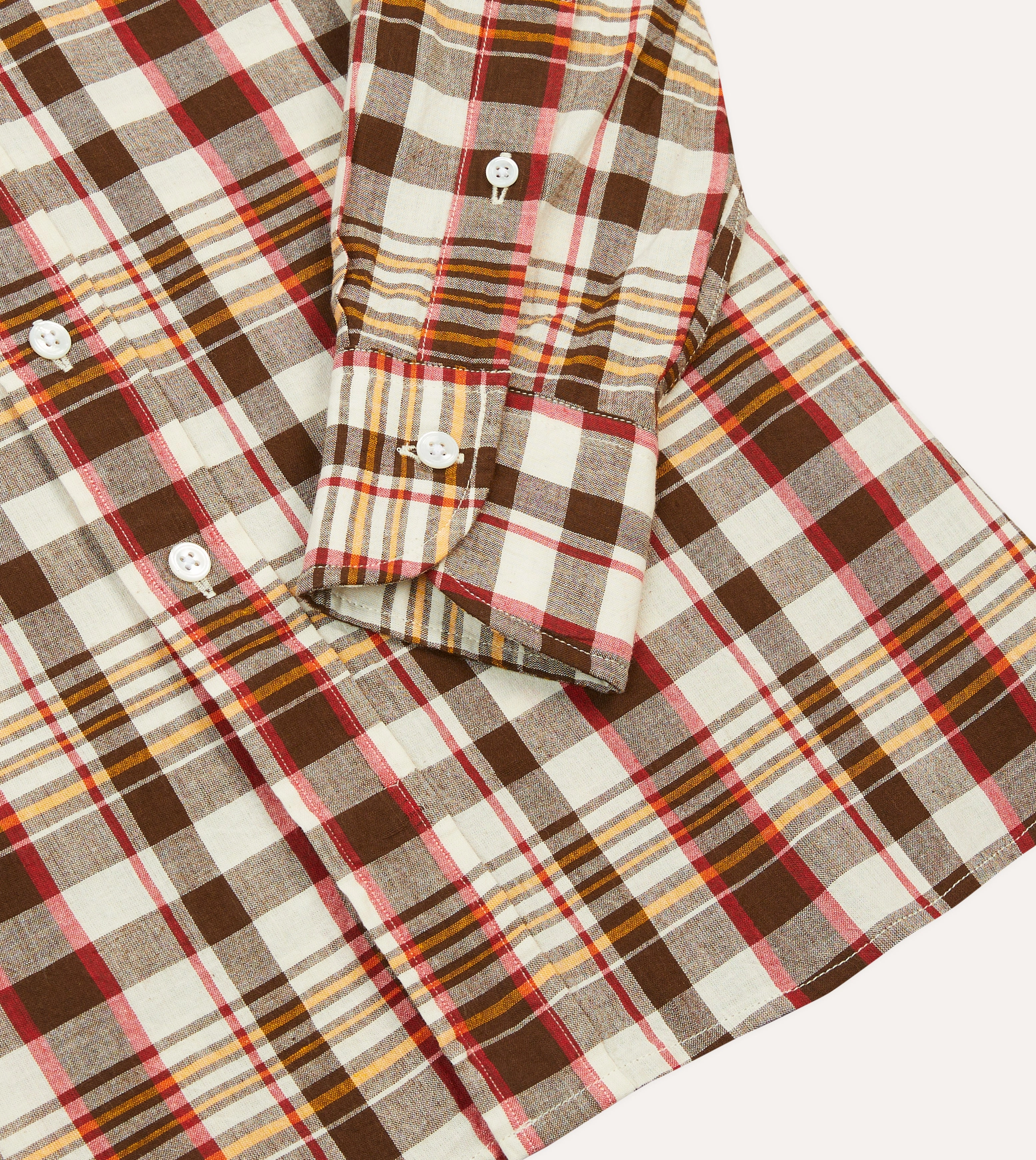 Sporty Look Eco Dye Technique Brown and Red Madras Check Cotton Button-Down Shirt