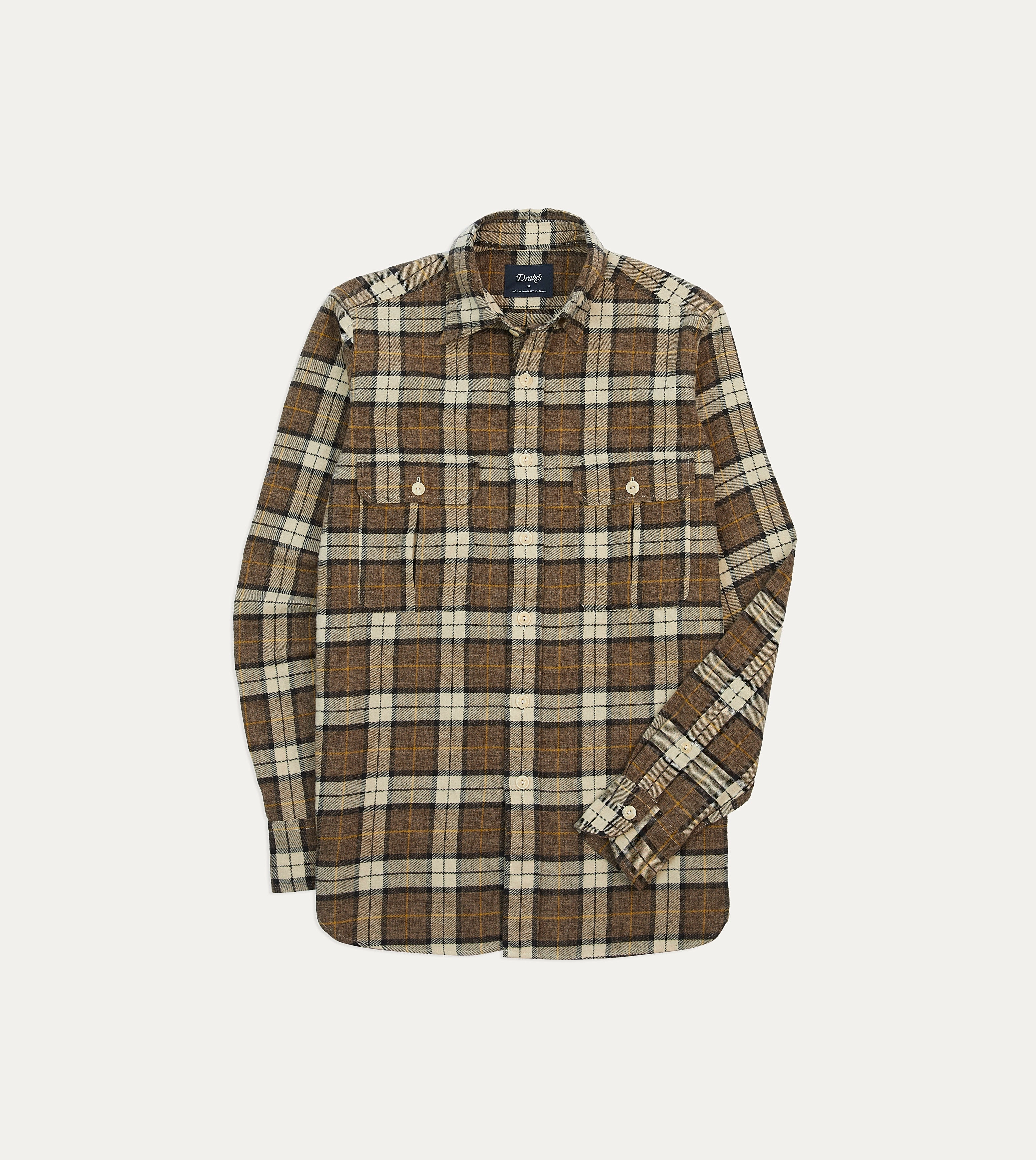 Brown Check Brushed Cotton Two-Pocket Work Shirt Reinforced Elbow Patches