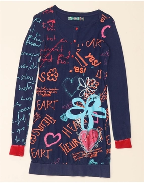 Fresh Style DESIGUAL Girls Graphic Jumper Dress 13-14 Years Navy Blue Cotton