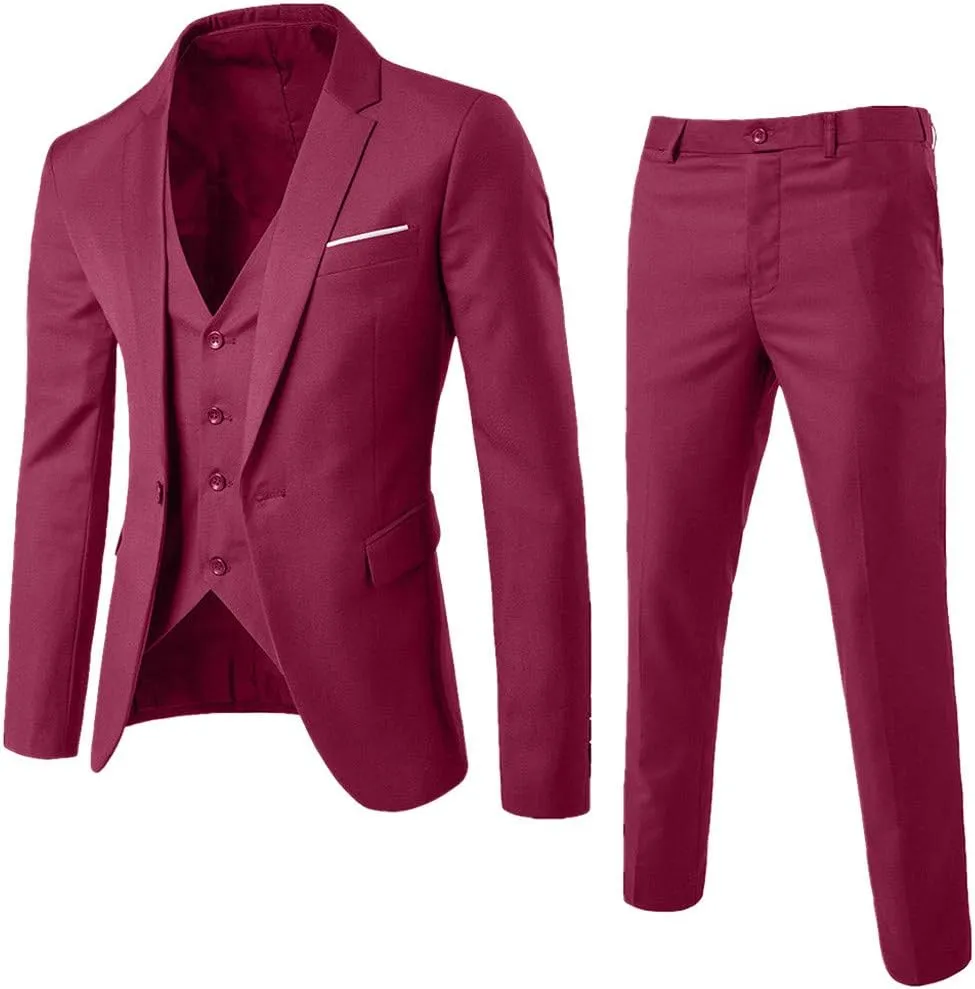 Burband Mens 3 Piece Slim Fit Stretch Suits One Button Peaked Lapel Jacket Blazers Tuxedo Slim Fit Dinner Vests and Pants