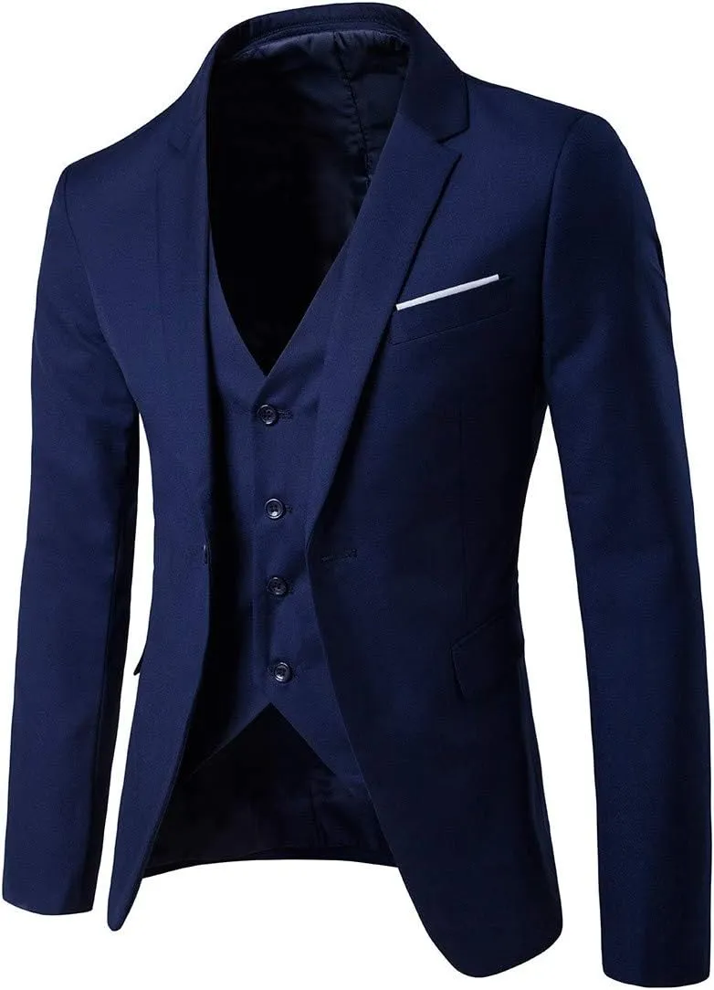 Burband Mens 3 Piece Slim Fit Stretch Suits One Button Peaked Lapel Jacket Blazers Tuxedo Slim Fit Dinner Vests and Pants