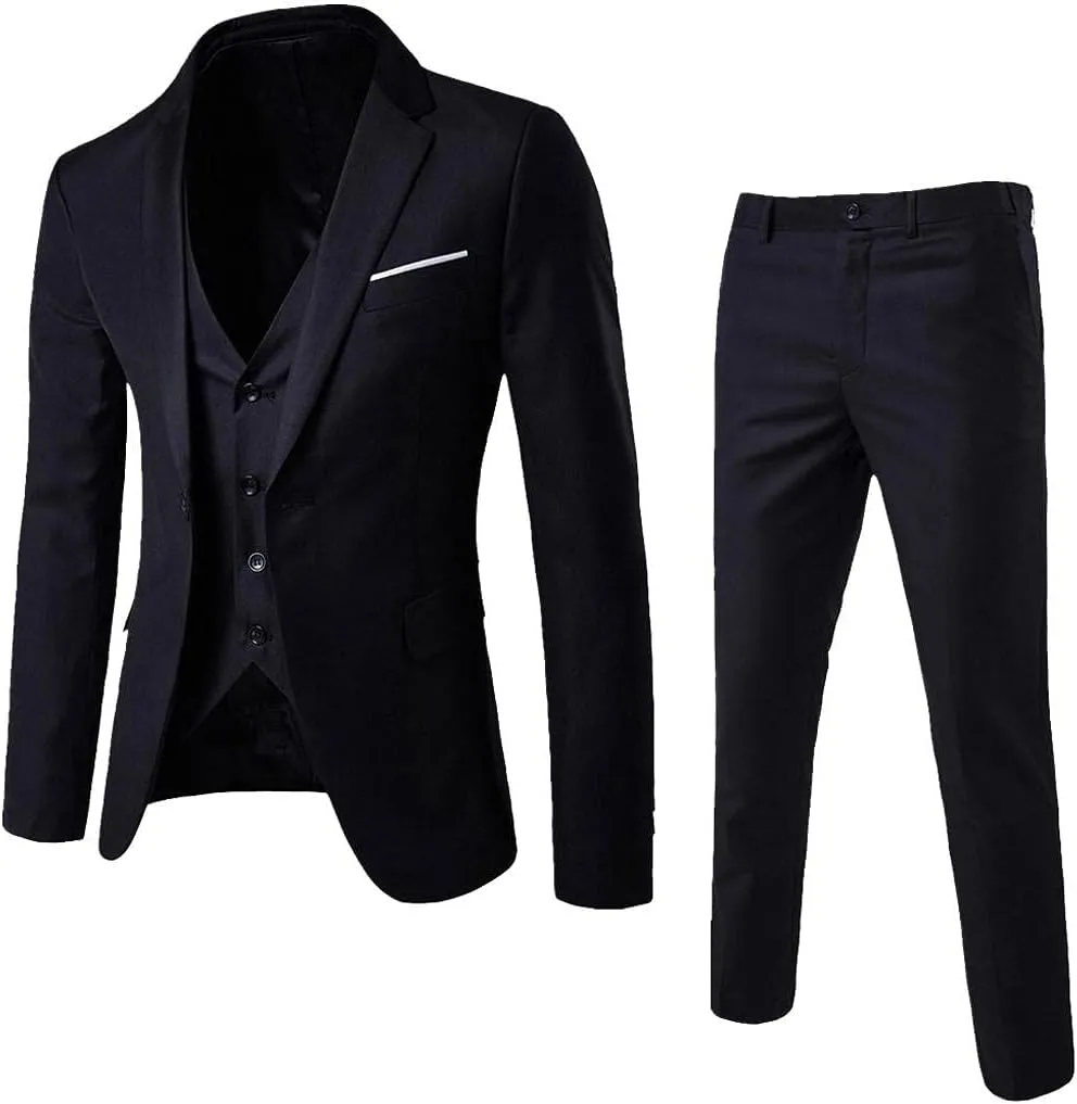 Burband Mens 3 Piece Slim Fit Stretch Suits One Button Peaked Lapel Jacket Blazers Tuxedo Slim Fit Dinner Vests and Pants