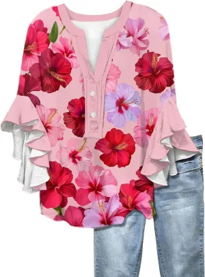 Button Down Blouses for Women Ruffle 3/4 Sleeve Tops Trendy Summer Dressy Henley V Neck Shirts Boho Floral Clothes