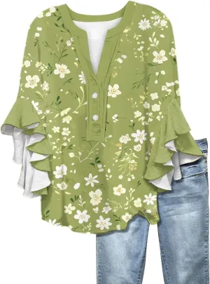 Button Down Blouses for Women Ruffle 3/4 Sleeve Tops Trendy Summer Dressy Henley V Neck Shirts Boho Floral Clothes