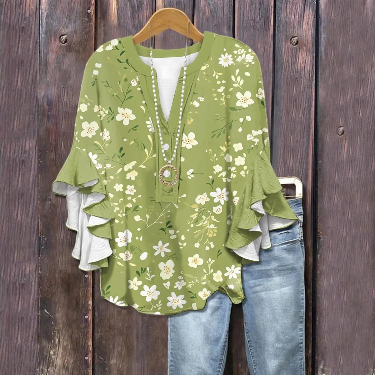 Button Down Blouses for Women Ruffle 3/4 Sleeve Tops Trendy Summer Dressy Henley V Neck Shirts Boho Floral Clothes