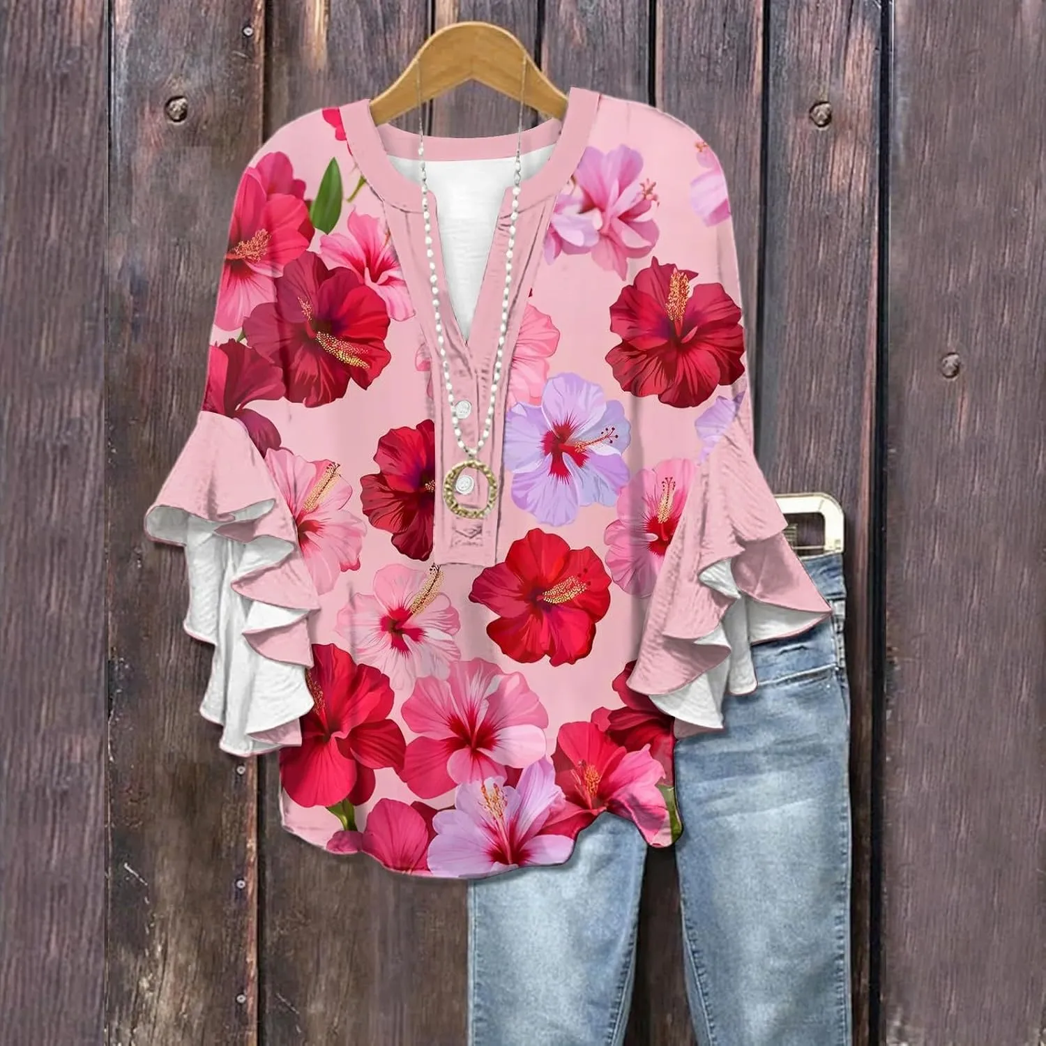 Button Down Blouses for Women Ruffle 3/4 Sleeve Tops Trendy Summer Dressy Henley V Neck Shirts Boho Floral Clothes