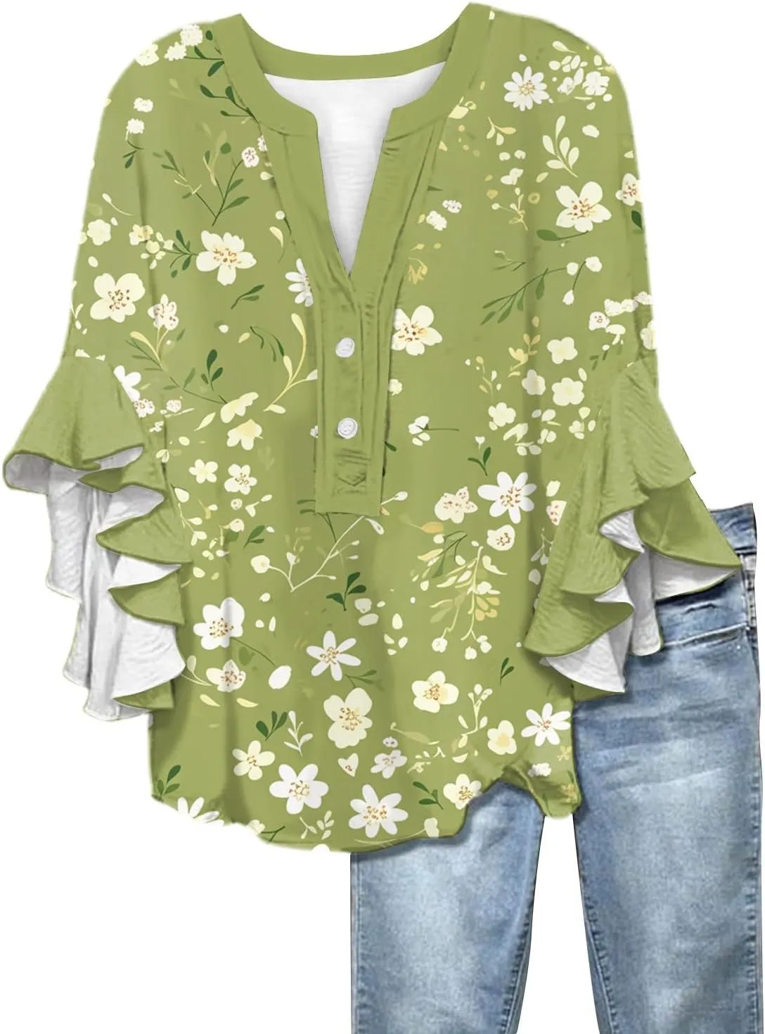 Button Down Blouses for Women Ruffle 3/4 Sleeve Tops Trendy Summer Dressy Henley V Neck Shirts Boho Floral Clothes
