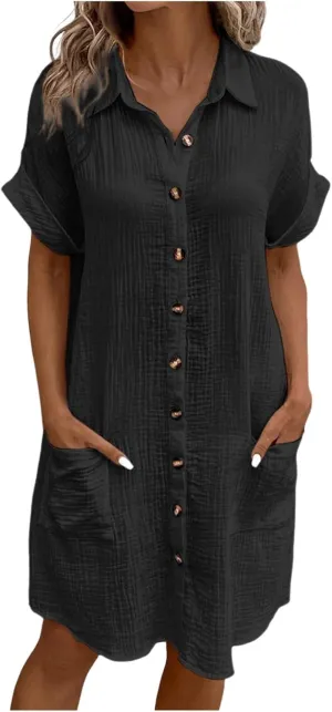 Button Down Shirt Dresses for Women 2025 Casual V-Neck Short Sleeve Dress with Pockets Cover Up Loose Tunic Dresses
