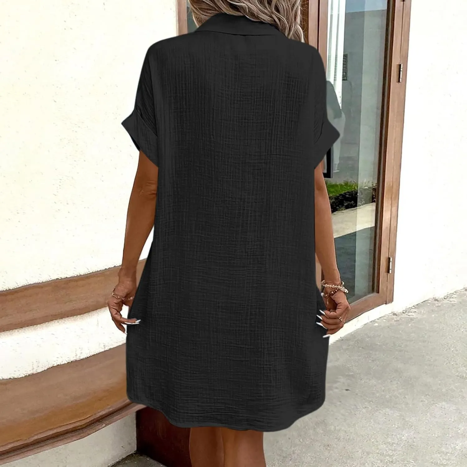 Button Down Shirt Dresses for Women 2025 Casual V-Neck Short Sleeve Dress with Pockets Cover Up Loose Tunic Dresses