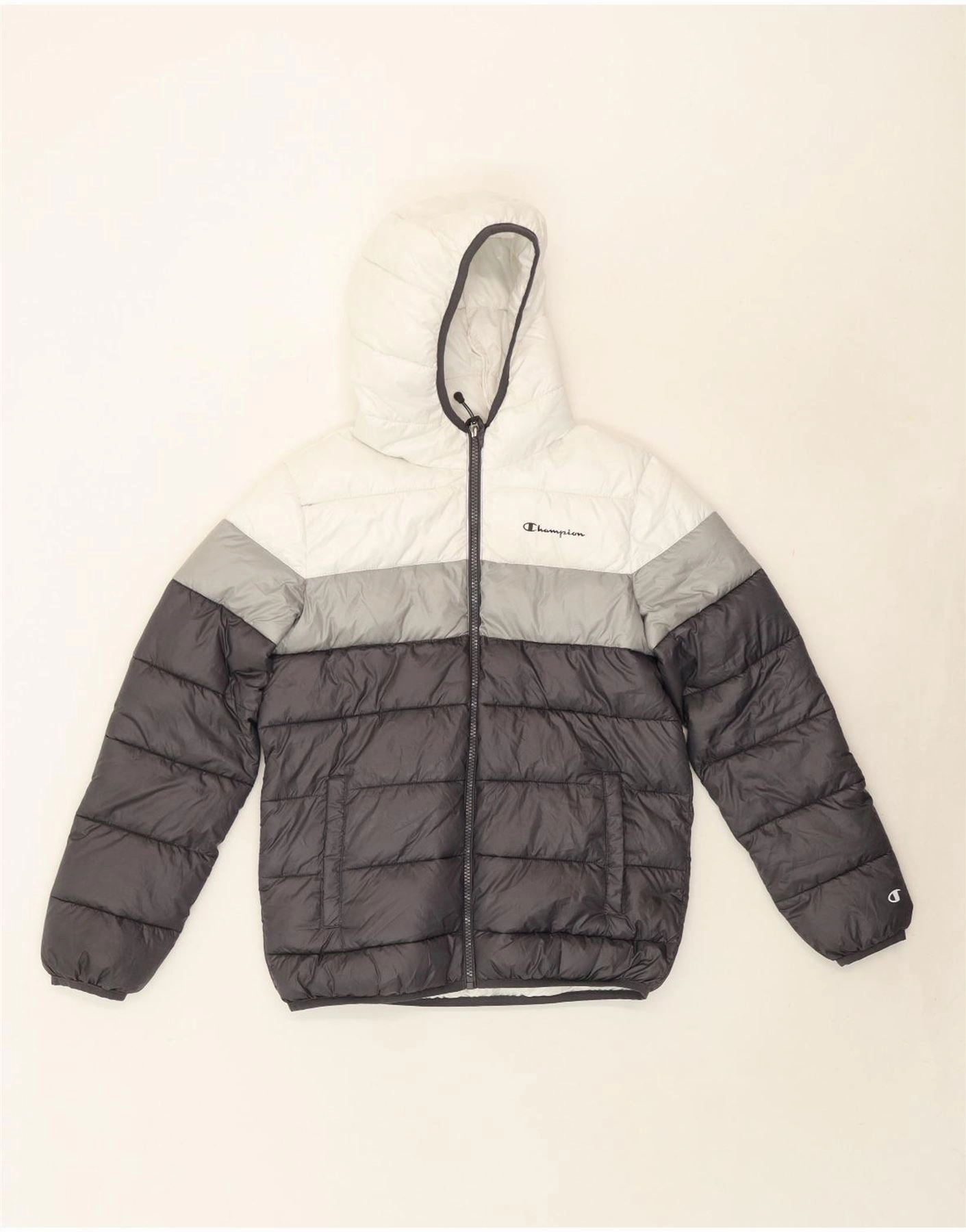 CHAMPION Boys Graphic Padded Jacket 11-12 Years Large Grey Colourblock Ergonomic Cut