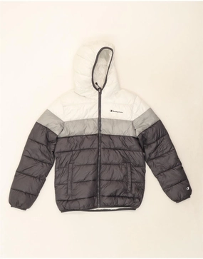 CHAMPION Boys Graphic Padded Jacket 11-12 Years Large Grey Colourblock Ergonomic Cut