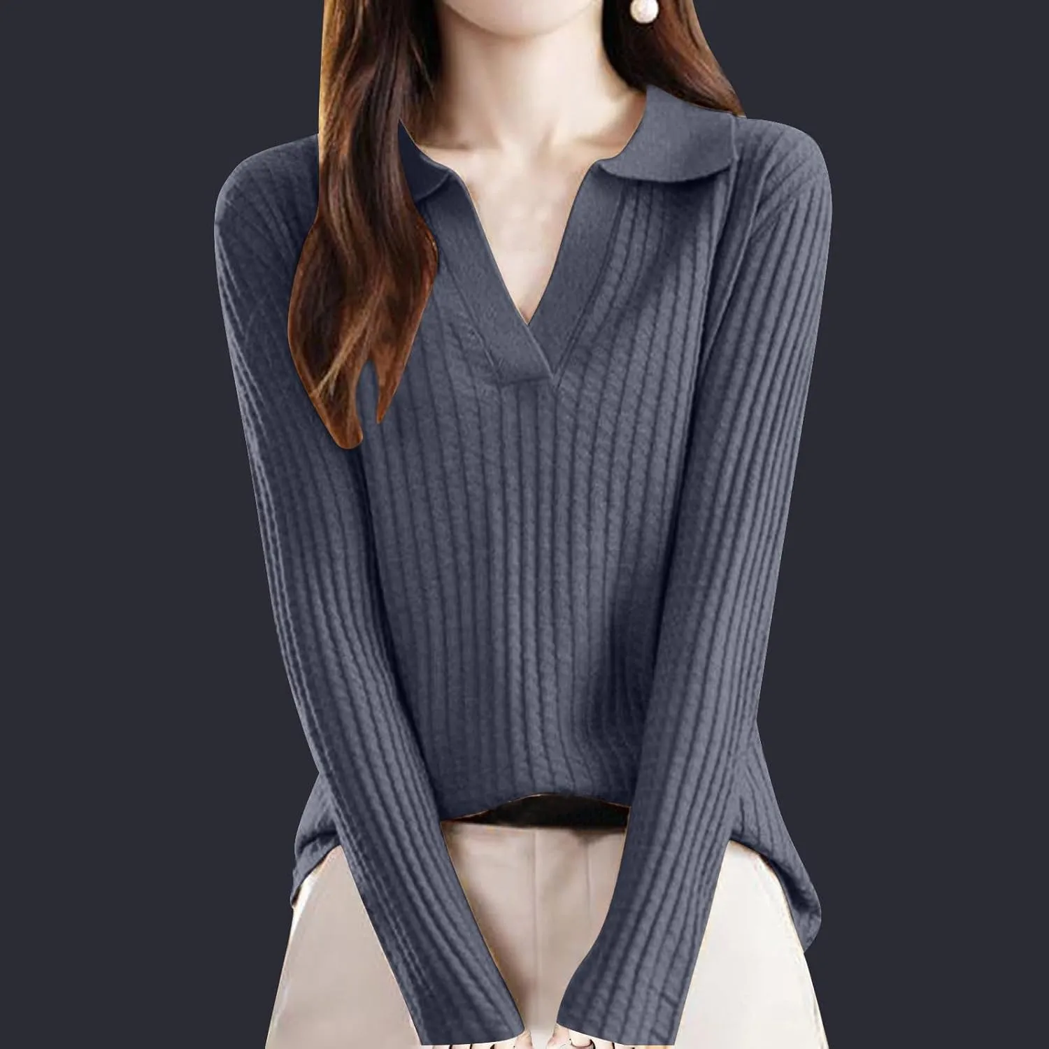 Cable Knit Sweater for Women Turn Down Collar Sweater Long Sleeve V Neck Blouse Soft Casual Top Warm Basic Tops