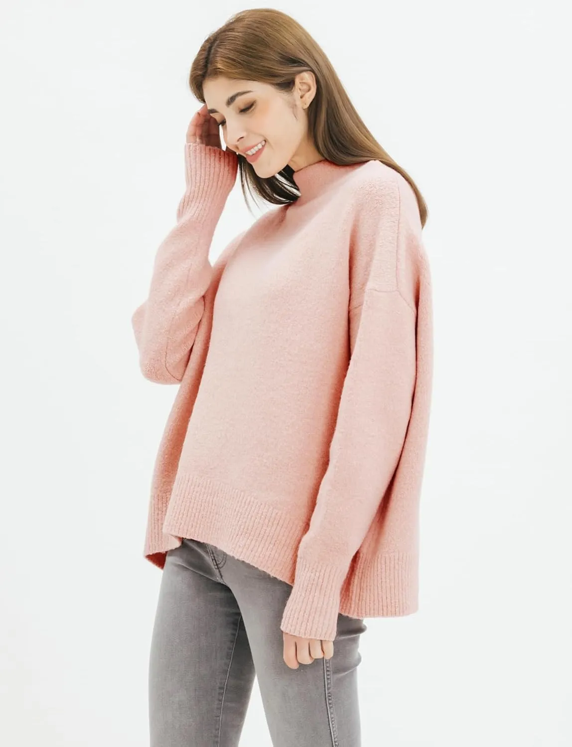Cable Stitch Women's Mock Neck Cozy Sweater - Oversized Soft Long Sleeve Drop Shoulder High Low Hem Slouchy Pullover Top