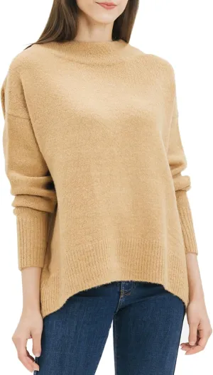 Cable Stitch Women's Mock Neck Cozy Sweater - Oversized Soft Long Sleeve Drop Shoulder High Low Hem Slouchy Pullover Top