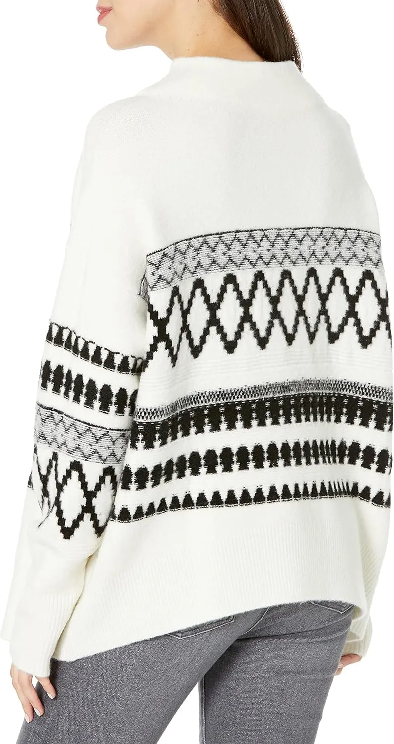 Cable Stitch Women's Mock Neck Cozy Sweater - Oversized Soft Long Sleeve Drop Shoulder High Low Hem Slouchy Pullover Top
