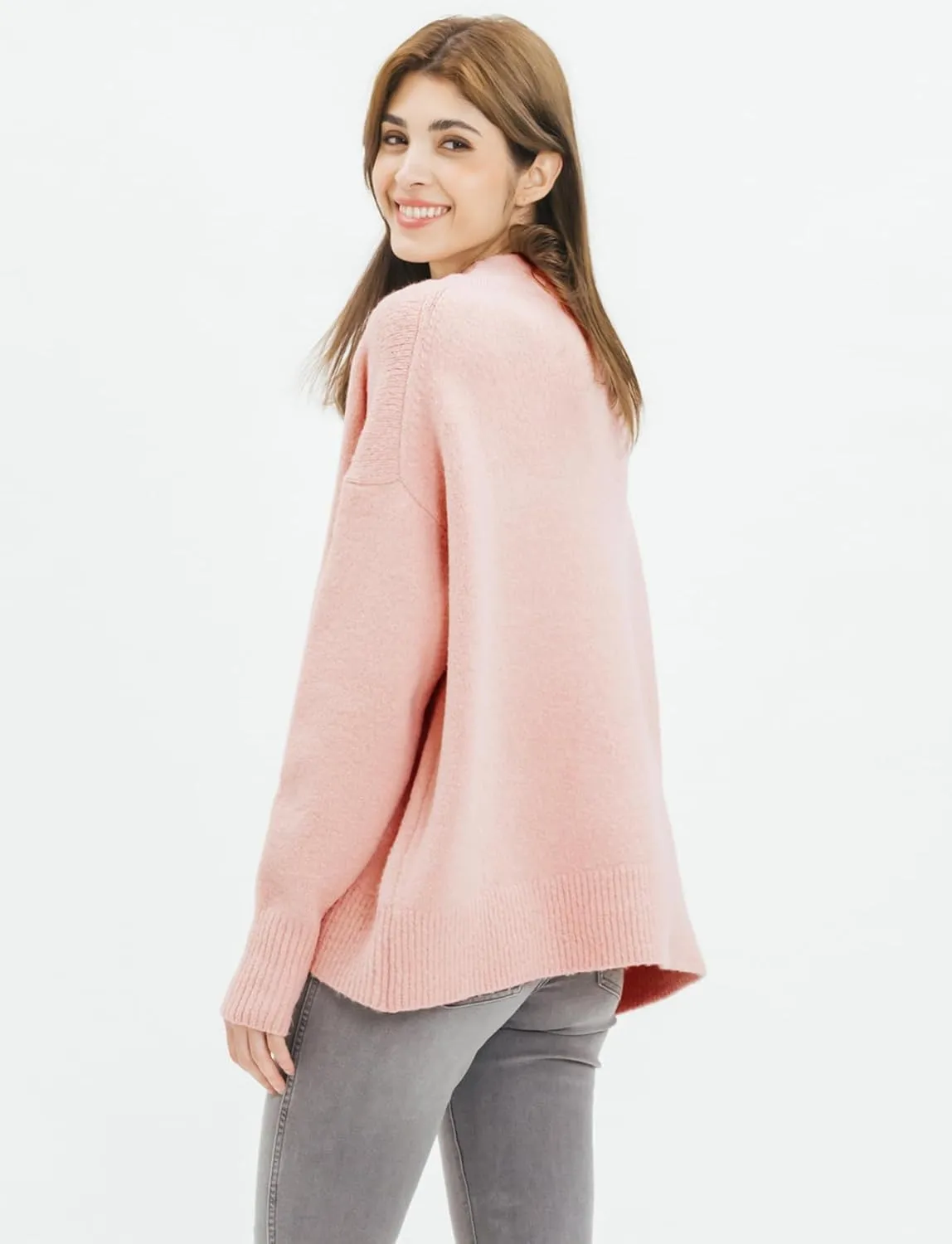 Cable Stitch Women's Mock Neck Cozy Sweater - Oversized Soft Long Sleeve Drop Shoulder High Low Hem Slouchy Pullover Top