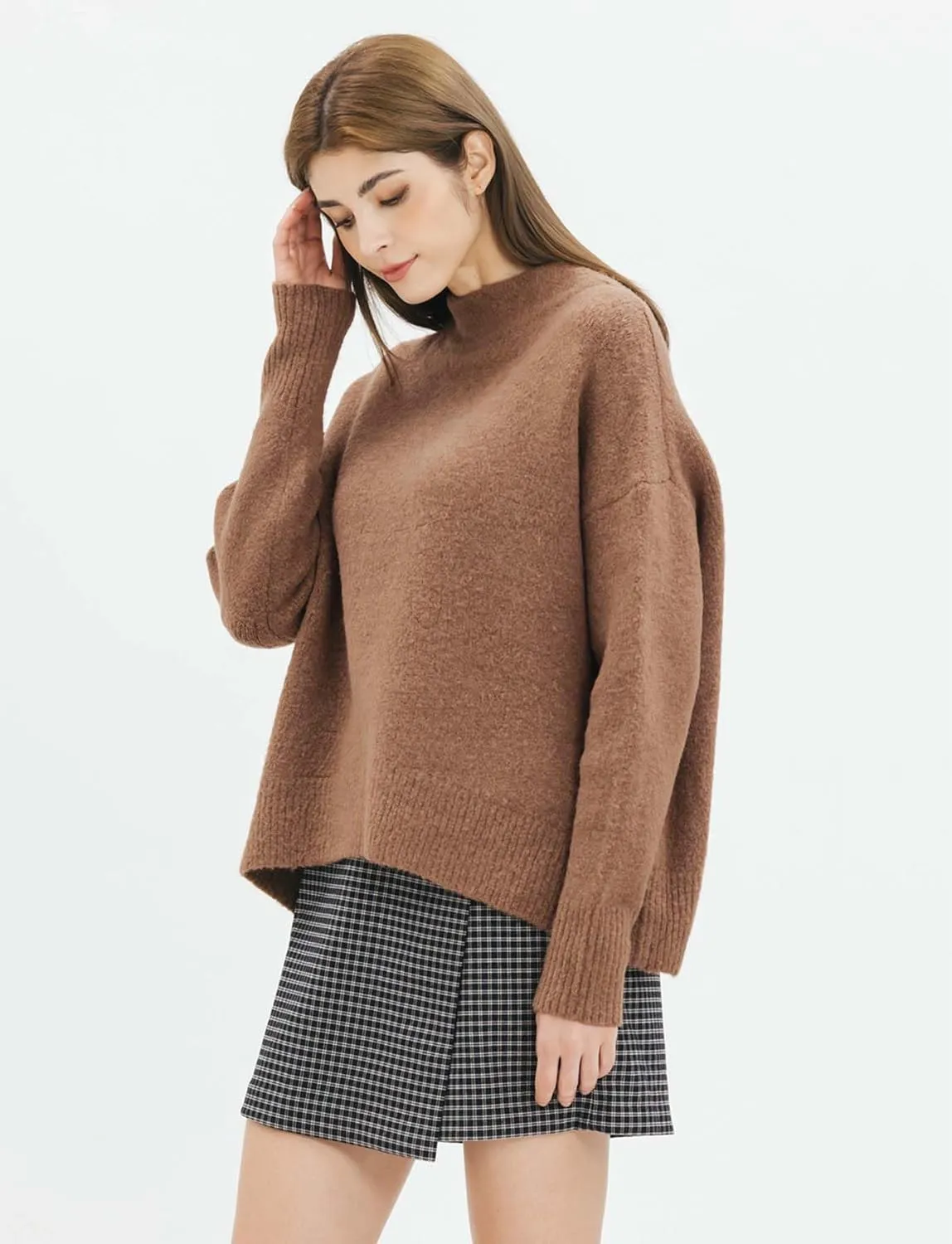 Cable Stitch Women's Mock Neck Cozy Sweater - Oversized Soft Long Sleeve Drop Shoulder High Low Hem Slouchy Pullover Top