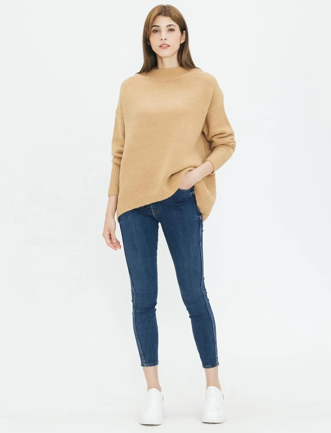 Cable Stitch Women's Mock Neck Cozy Sweater - Oversized Soft Long Sleeve Drop Shoulder High Low Hem Slouchy Pullover Top