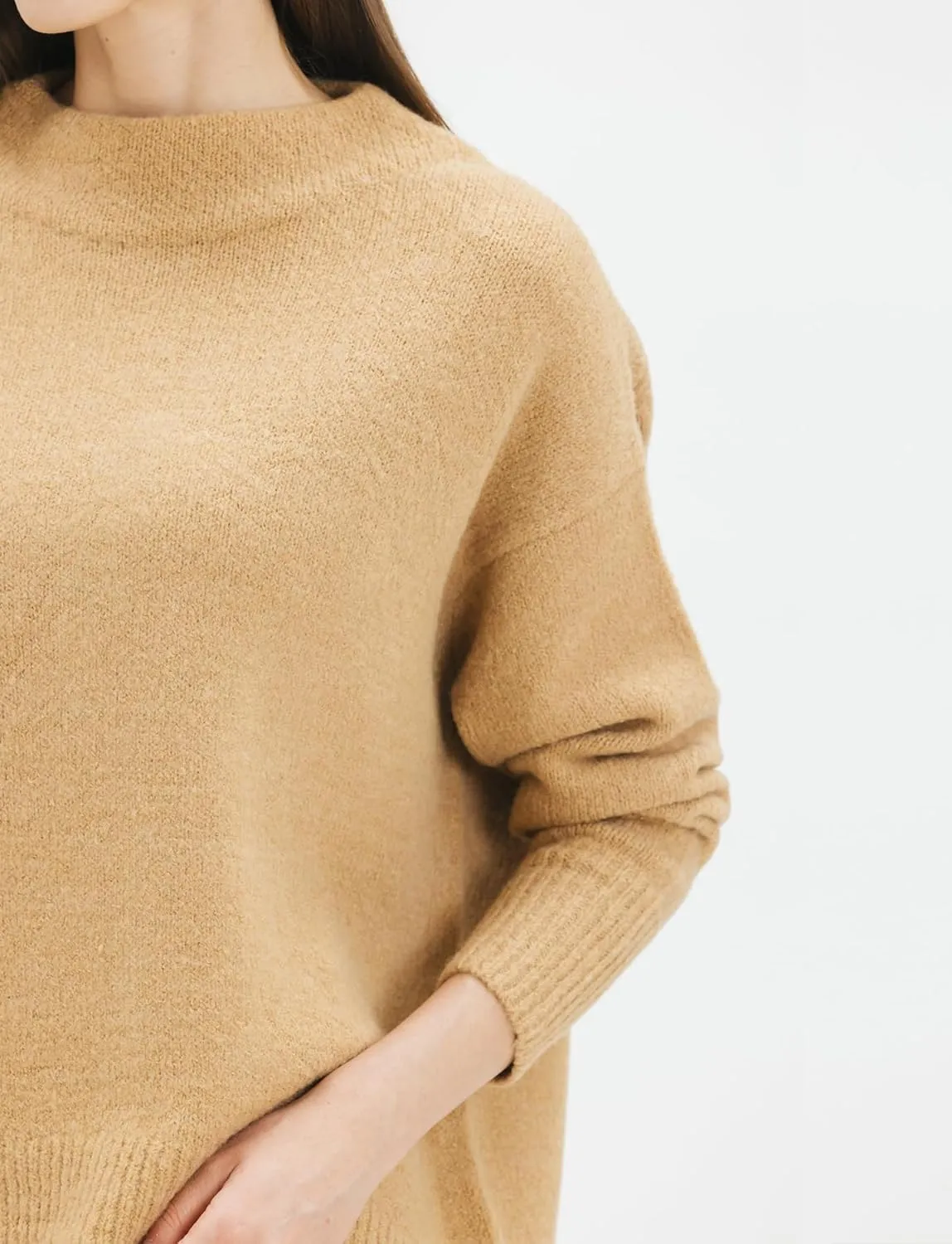Cable Stitch Women's Mock Neck Cozy Sweater - Oversized Soft Long Sleeve Drop Shoulder High Low Hem Slouchy Pullover Top
