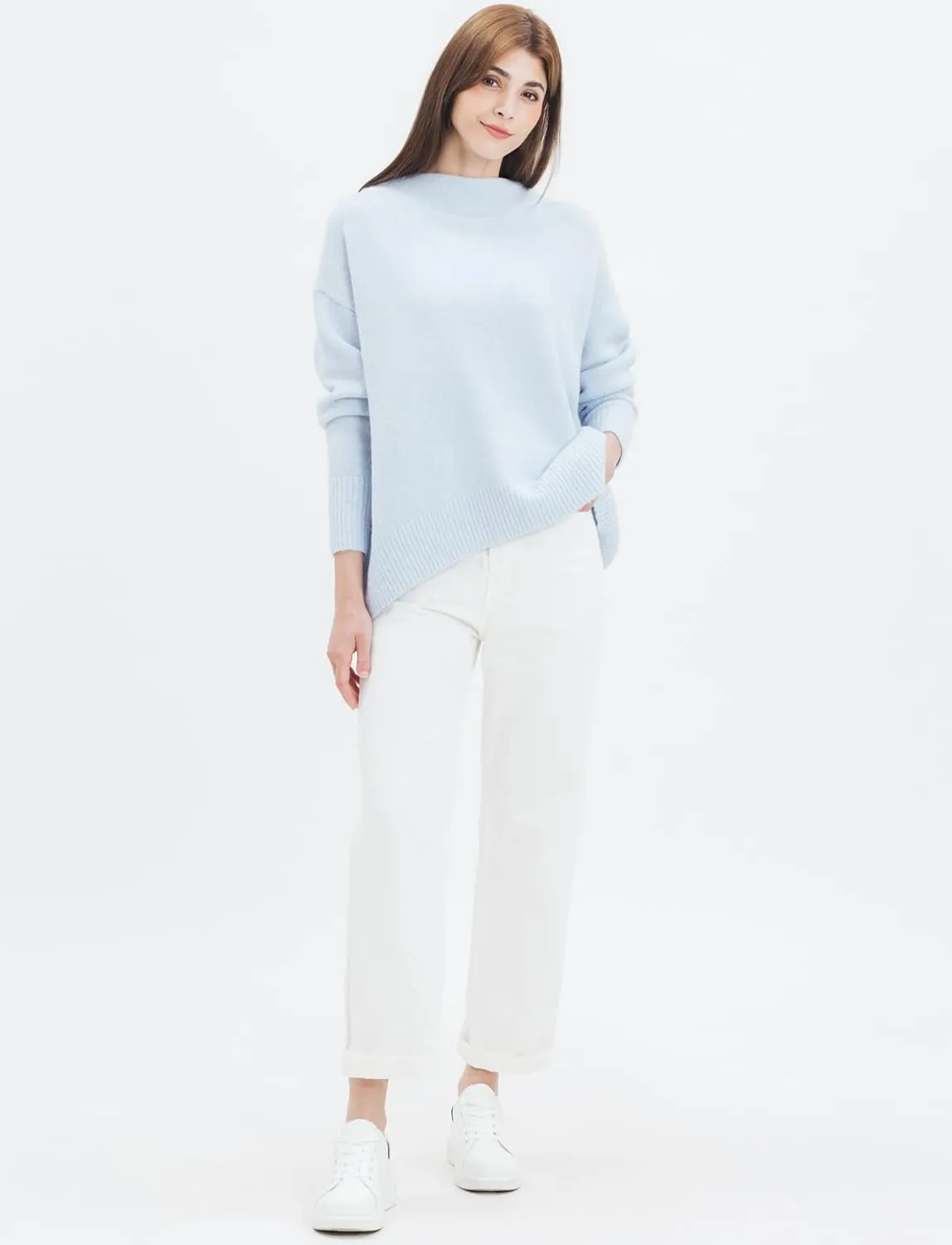 Cable Stitch Women's Mock Neck Cozy Sweater - Oversized Soft Long Sleeve Drop Shoulder High Low Hem Slouchy Pullover Top