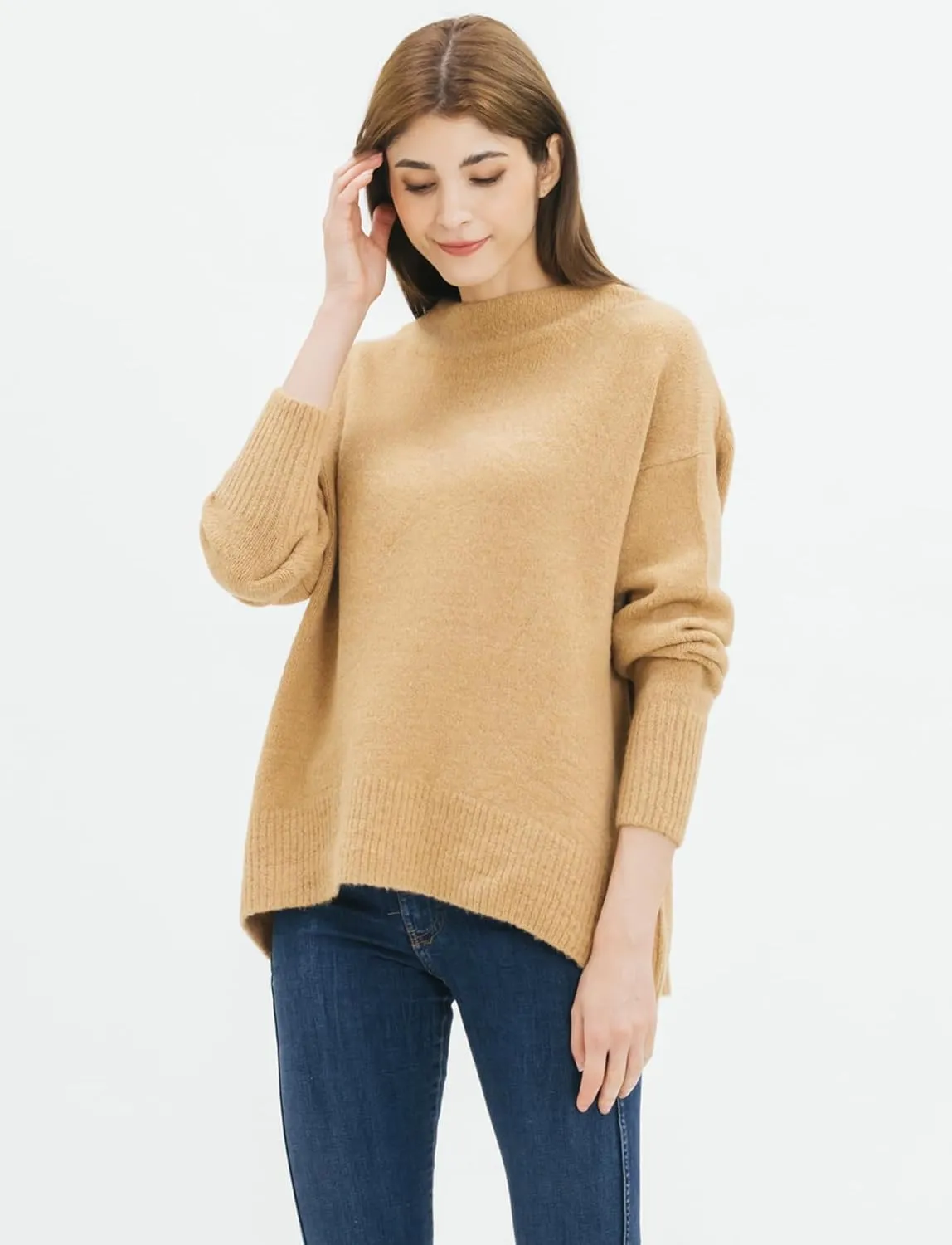 Cable Stitch Women's Mock Neck Cozy Sweater - Oversized Soft Long Sleeve Drop Shoulder High Low Hem Slouchy Pullover Top