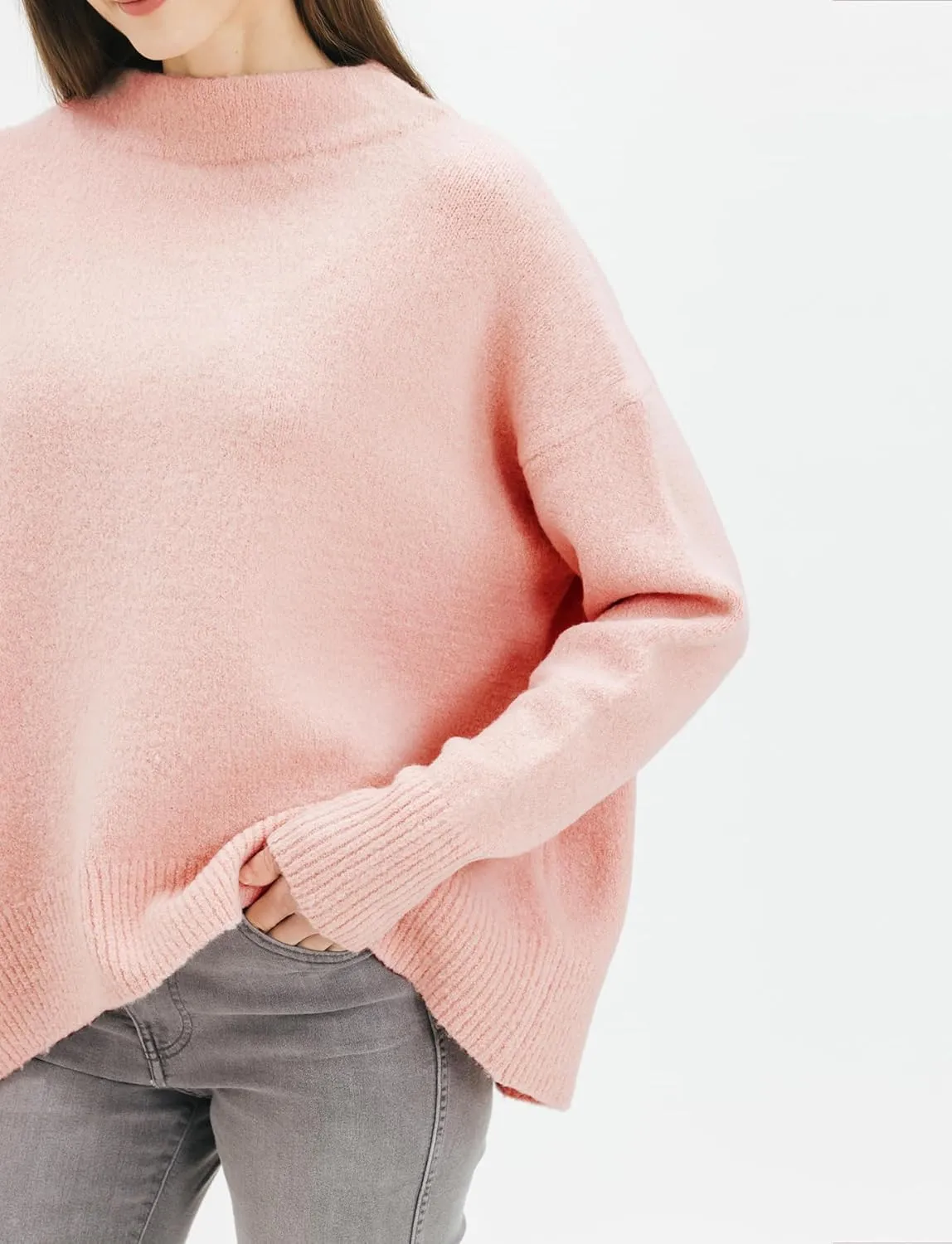 Cable Stitch Women's Mock Neck Cozy Sweater - Oversized Soft Long Sleeve Drop Shoulder High Low Hem Slouchy Pullover Top