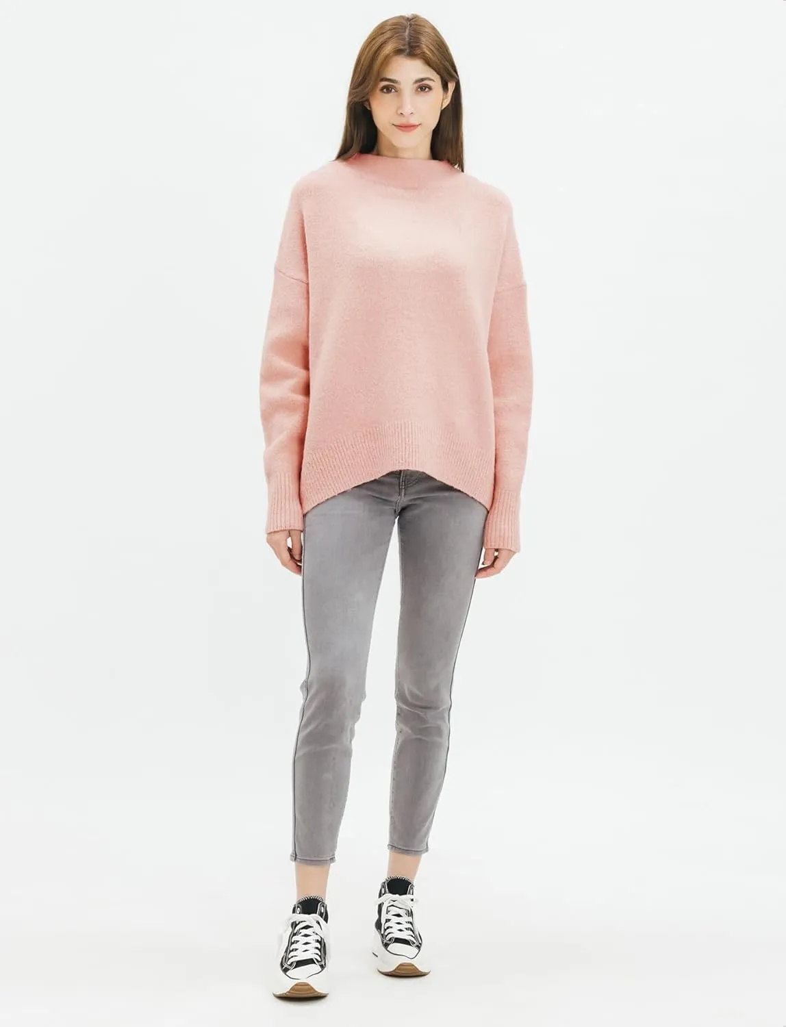Cable Stitch Women's Mock Neck Cozy Sweater - Oversized Soft Long Sleeve Drop Shoulder High Low Hem Slouchy Pullover Top