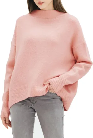 Cable Stitch Women's Mock Neck Cozy Sweater - Oversized Soft Long Sleeve Drop Shoulder High Low Hem Slouchy Pullover Top