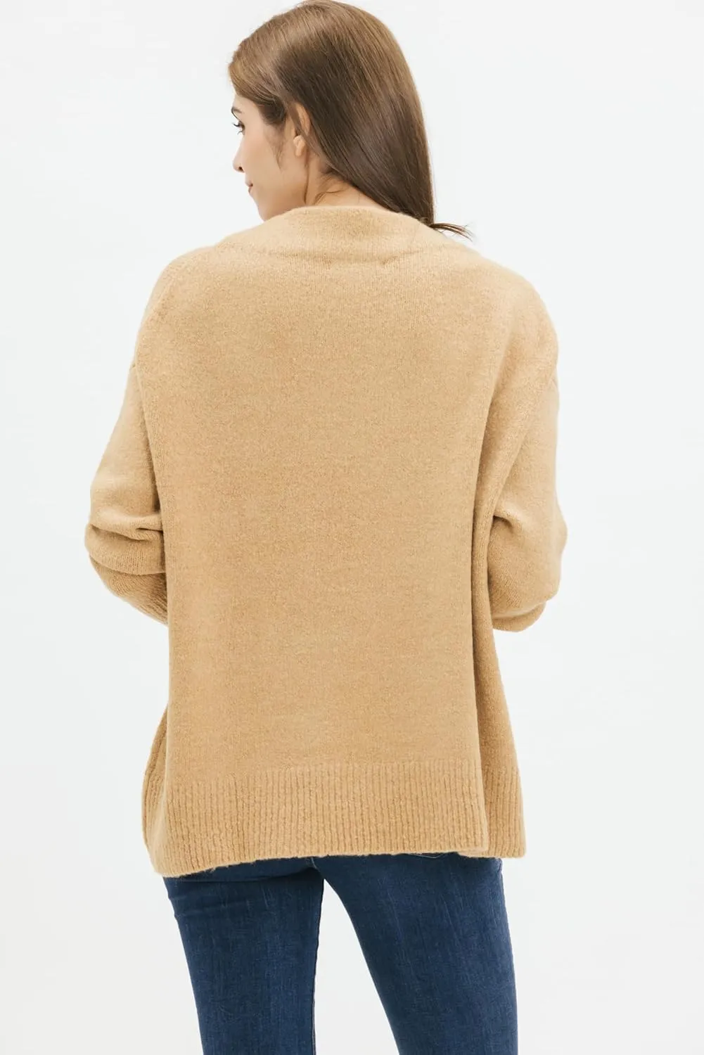 Cable Stitch Women's Mock Neck Cozy Sweater - Oversized Soft Long Sleeve Drop Shoulder High Low Hem Slouchy Pullover Top