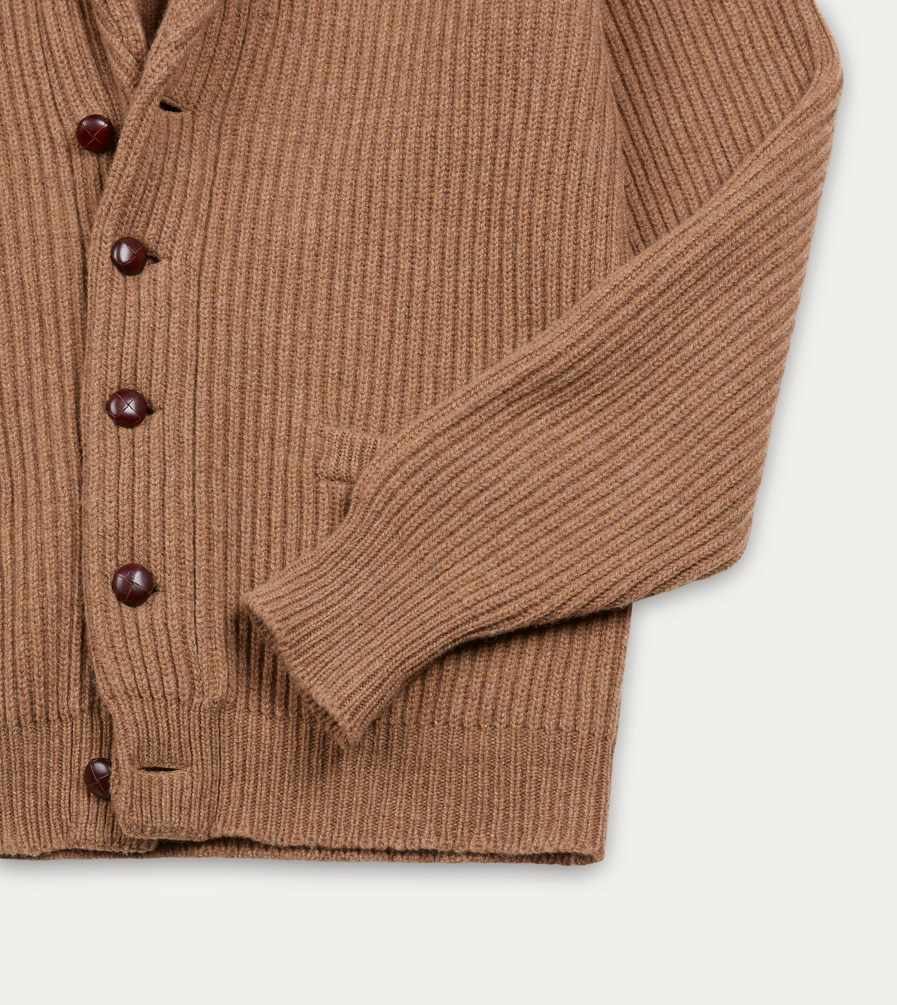 Camel Lambswool Shawl Collar Cardigan Everyday Neutral Reversible Seamless Design
