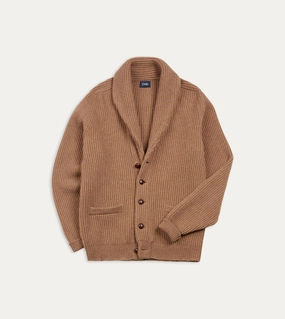 Camel Lambswool Shawl Collar Cardigan DoubleLayered Hem Odor Resistant Fabric