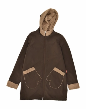 CANADIAN Boys Hooded Overcoat 11-12 Years Brown Polyester Adjustable Hem Laser Cut Vents