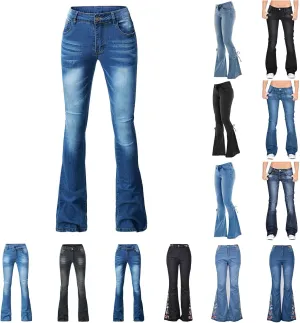 Canbebig Women's Jeans Mid-Waist Denim Pants Stretch Skinny Flare Jeans Distressed Bootcut Jean Lace-Up Embroidered Jeans