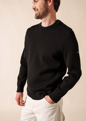 Durable Stitching Cold Season Wear CANCALE - Wool Fisherman Sweater with Button Shoulder | Loose Fit (BLACK)