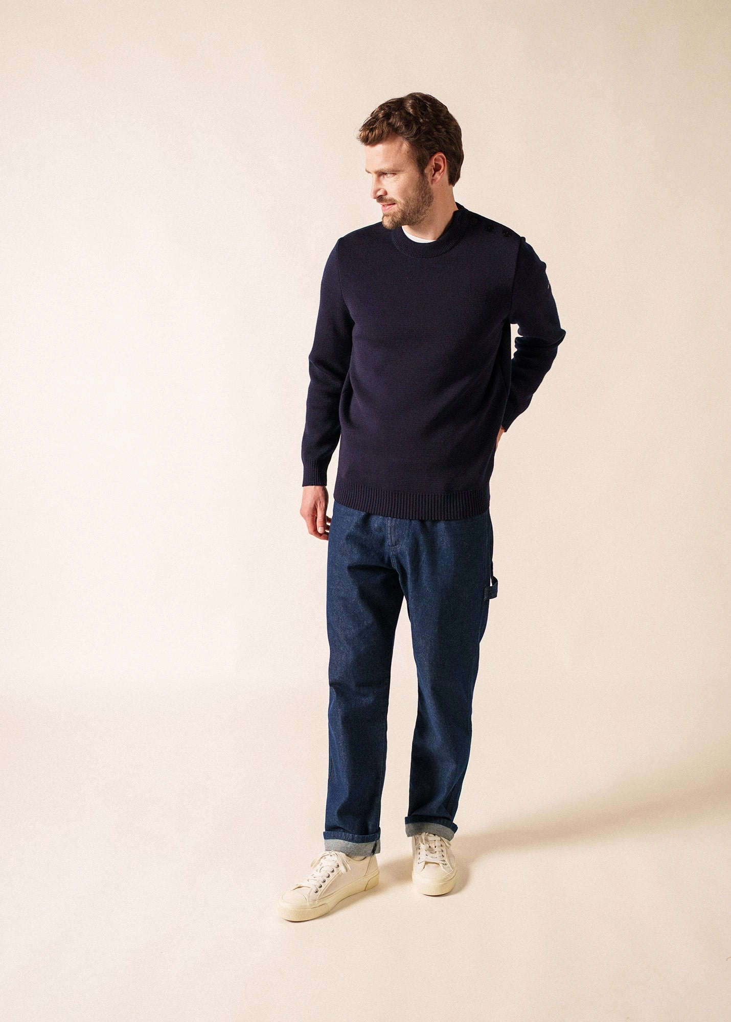 Static Reducing Finish CANCALE - Wool Fisherman Sweater with Button Shoulder | Loose Fit (DARK BLUE)