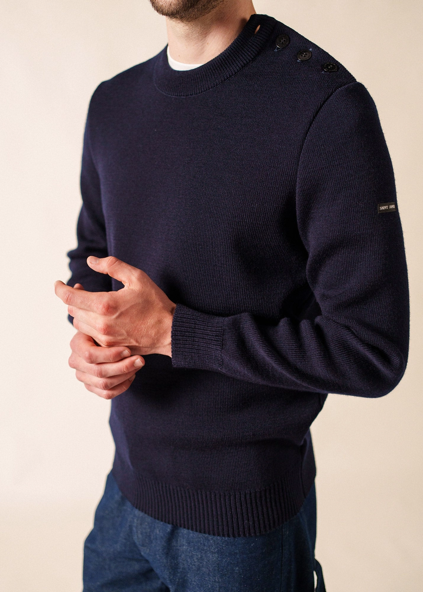 Hygroscopic Fiber Blend Colorfast Technology CANCALE - Wool Fisherman Sweater with Button Shoulder | Loose Fit (DARK BLUE)