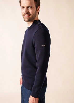 CANCALE - Wool Fisherman Sweater with Button Shoulder | Loose Fit (DARK BLUE) Classic Look Chic Style