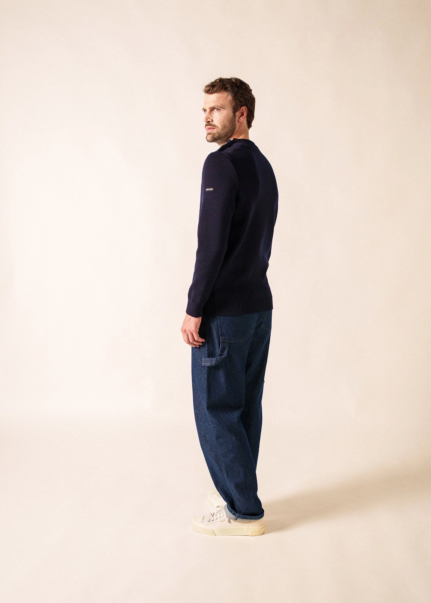 Warm and Soft Chilly Days Wear CANCALE - Wool Fisherman Sweater with Button Shoulder | Loose Fit (DARK BLUE)