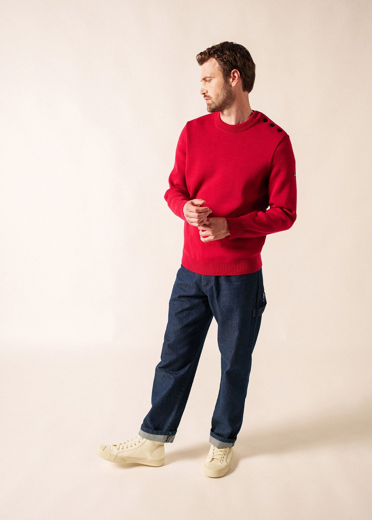 CANCALE - Wool Fisherman Sweater with Button Shoulder | Loose Fit (MAROON) Anti Pilling Finish