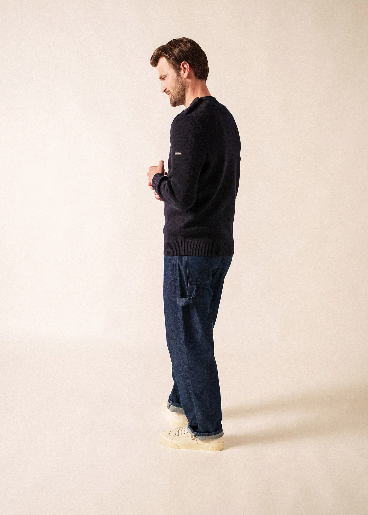 Versatile knitwear Soft Knit Layer CANCALE - Wool Fisherman Sweater with Button Shoulder | Loose Fit (NAVY)