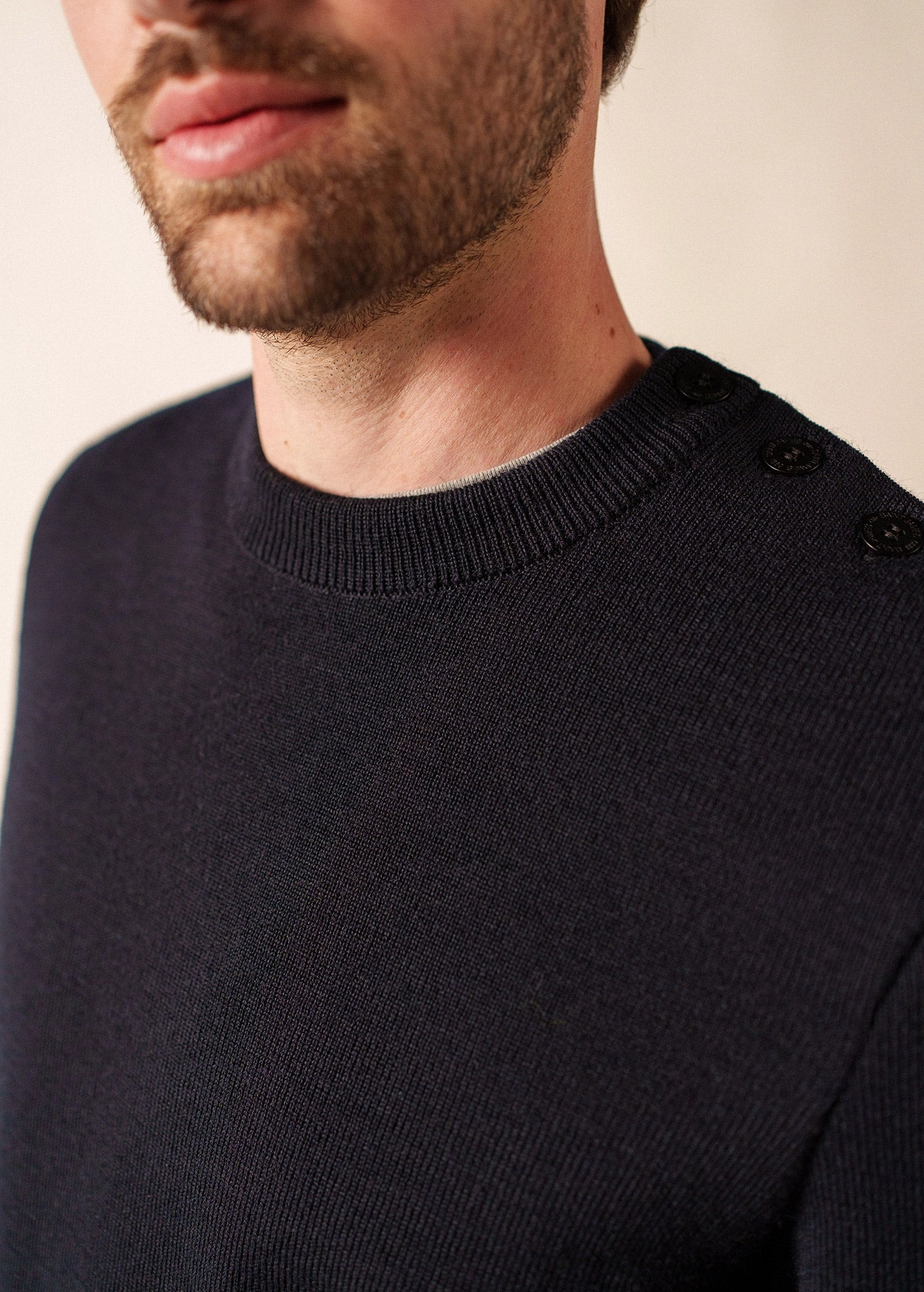 CANCALE - Wool Fisherman Sweater with Button Shoulder | Loose Fit (NAVY) Bio Based Textile Innovation