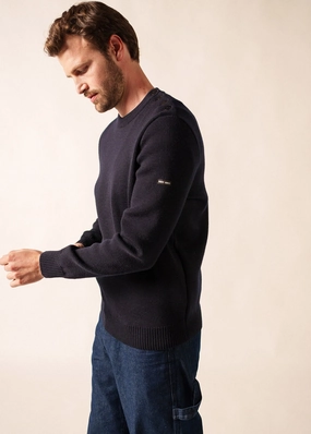 Ergonomic Sleeve Design Snuggle Ready CANCALE - Wool Fisherman Sweater with Button Shoulder | Loose Fit (NAVY)