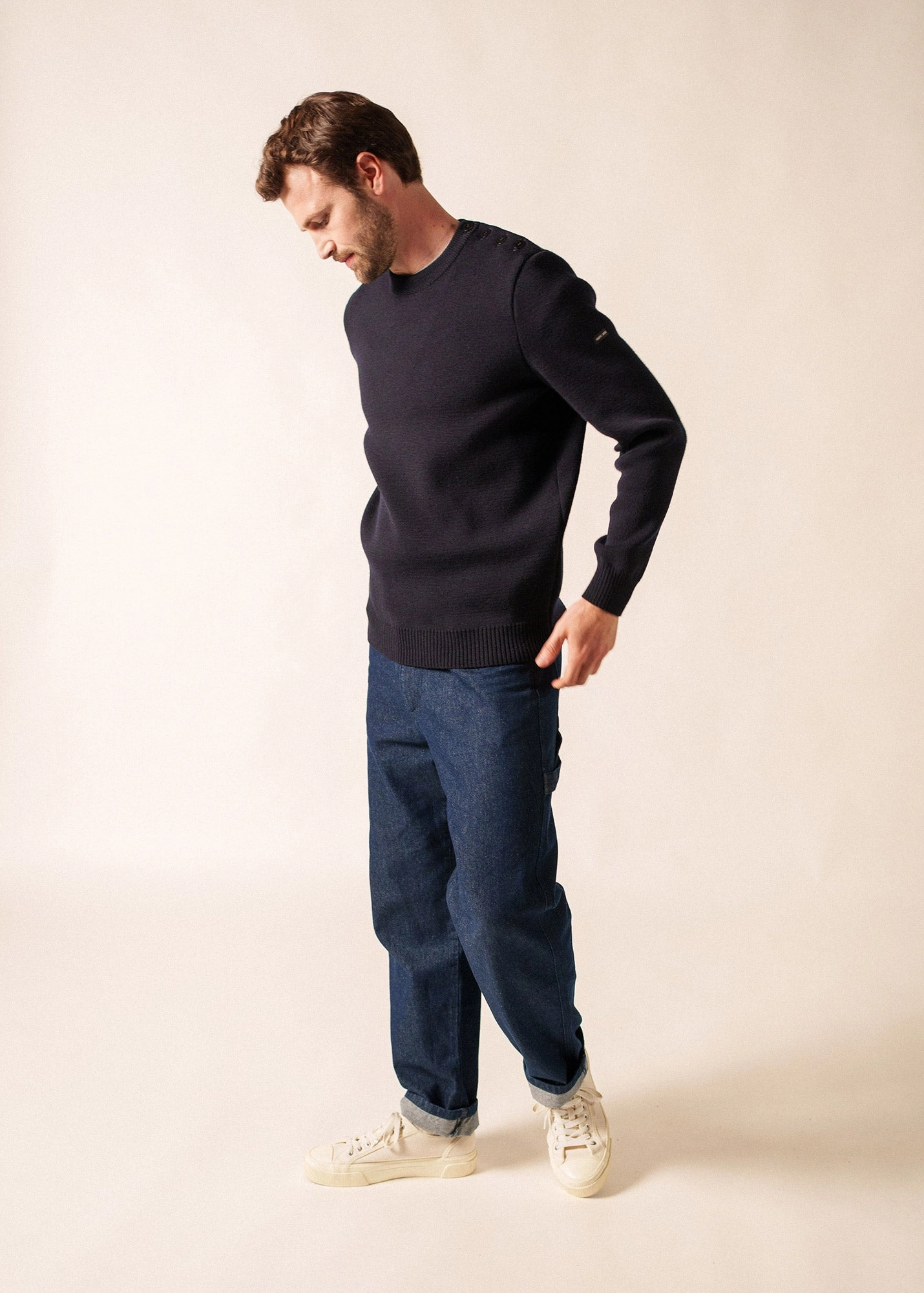 CANCALE - Wool Fisherman Sweater with Button Shoulder | Loose Fit (NAVY) Eco Dye Process Comfy Essentials