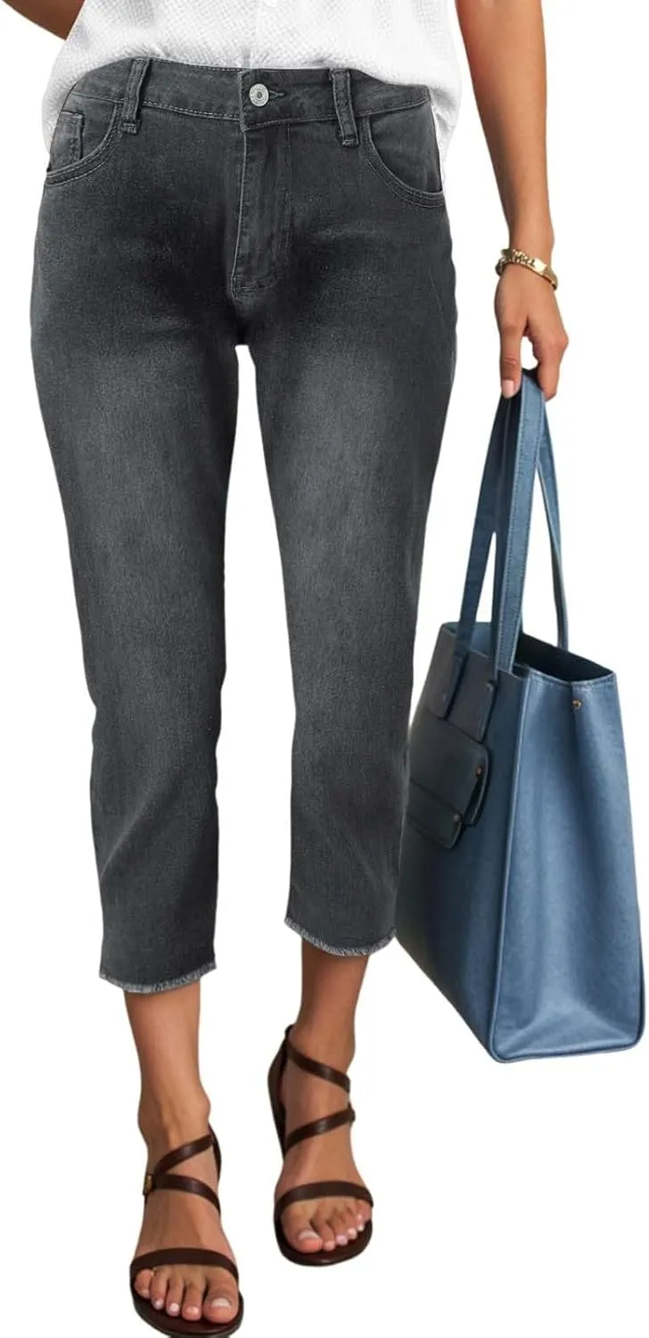Capri Jeans for Women Stretch High Waisted Distressed Denim Capris Light Wash Ripped Skinny Cropped Jeans Streetwear