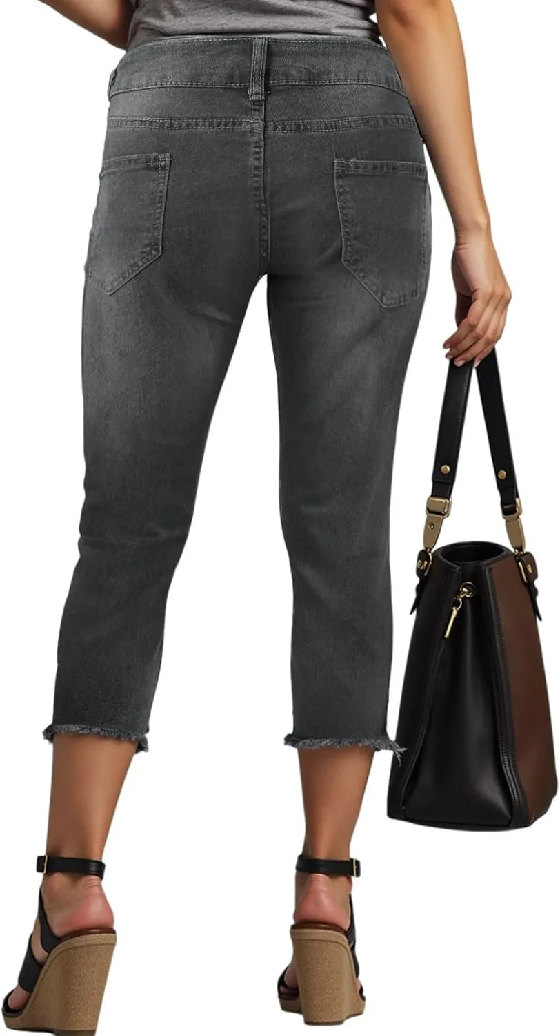 Capri Jeans for Women Stretch High Waisted Distressed Denim Capris Light Wash Ripped Skinny Cropped Jeans Streetwear