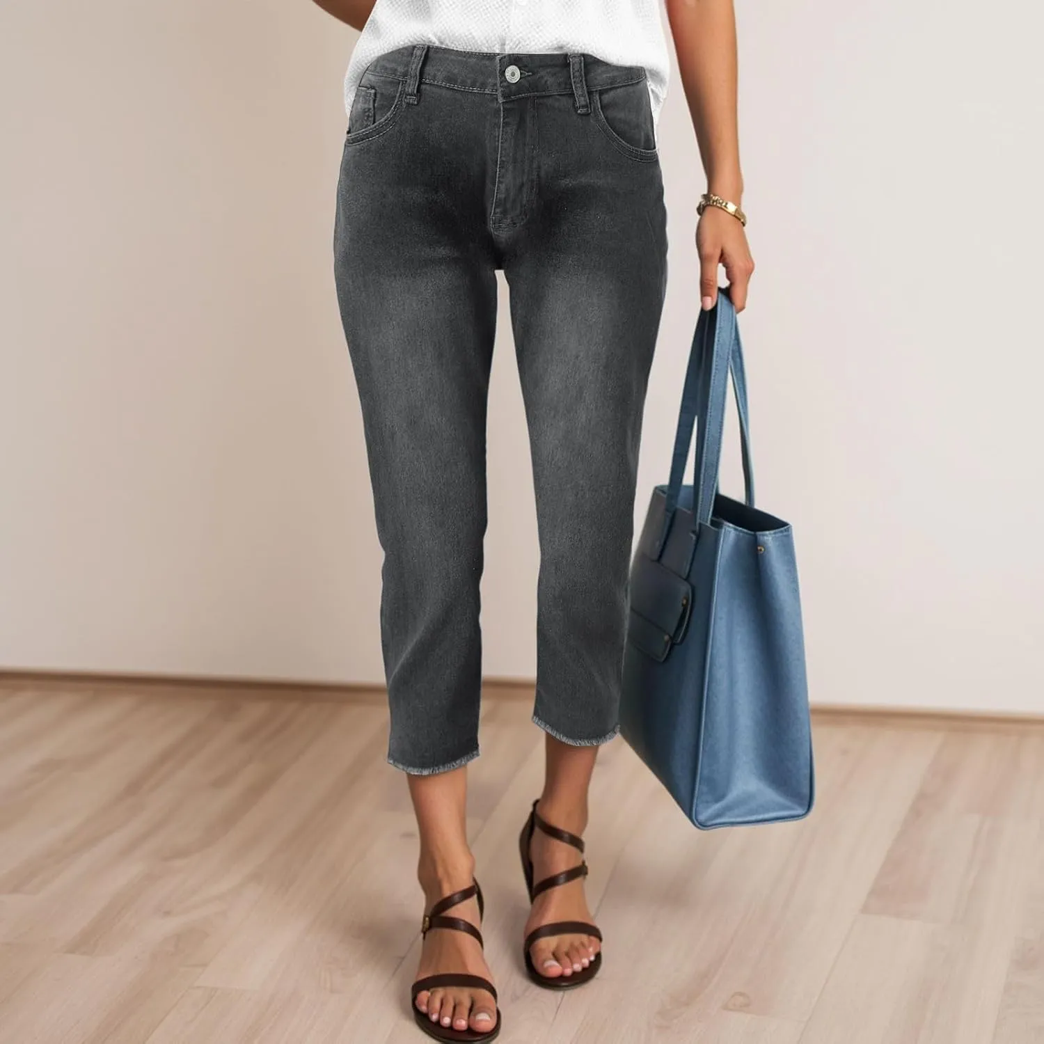 Capri Jeans for Women Stretch High Waisted Distressed Denim Capris Light Wash Ripped Skinny Cropped Jeans Streetwear