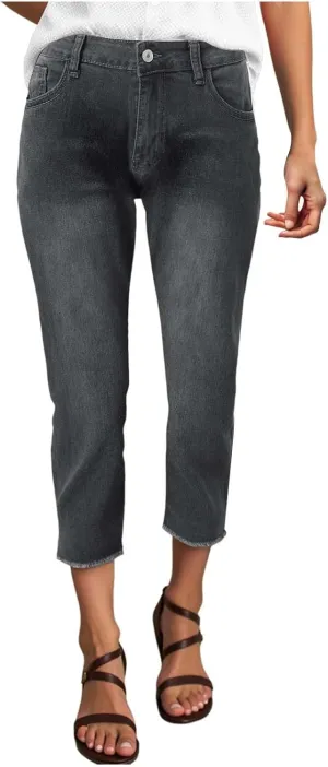 Capri Jeans for Women Stretch High Waisted Distressed Denim Capris Light Wash Ripped Skinny Cropped Jeans Streetwear